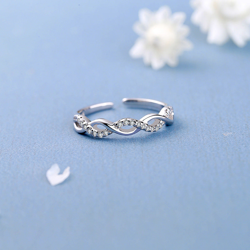 S925 Sterling Silver Micro-Pave Flash Diamond Twisted Rope Ring for Women, Ins-Inspired Korean Style, Unique Design, Hollow Twisted Open Ring