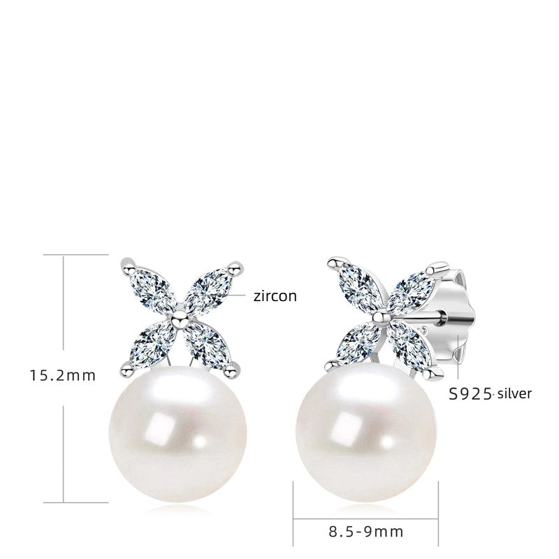 Fashionable freshwater pearl earrings s925 pure silver round strong light bulb earrings