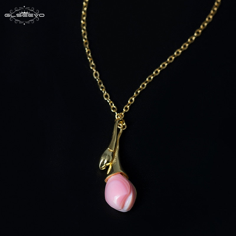 GLSEEVO Pink Magnolia Flower Queen Shellfish Necklaces & Pendants For Women 925 Sterling Silver Chain Necklace Collares GN0021