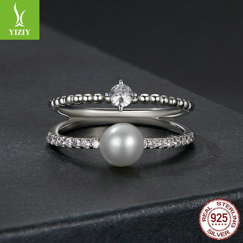 Yinziyun original natural freshwater pearl moissanite ring, light luxury and elegant temperament 925 pure silver double-layer ring