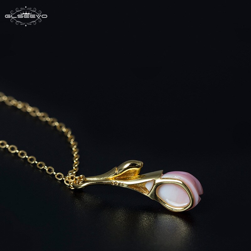 GLSEEVO Pink Magnolia Flower Queen Shellfish Necklaces & Pendants For Women 925 Sterling Silver Chain Necklace Collares GN0021