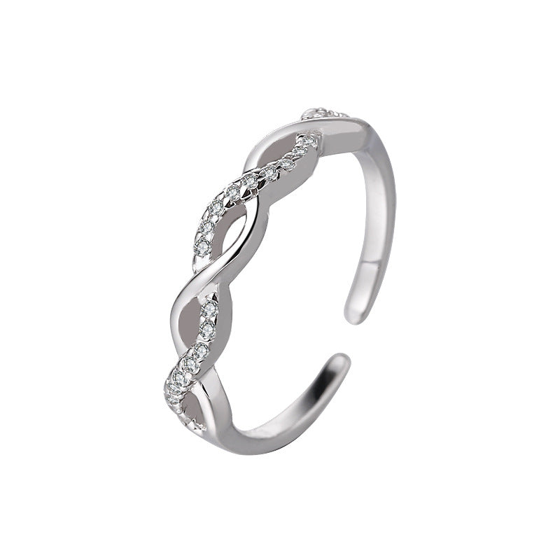S925 Sterling Silver Micro-Pave Flash Diamond Twisted Rope Ring for Women, Ins-Inspired Korean Style, Unique Design, Hollow Twisted Open Ring