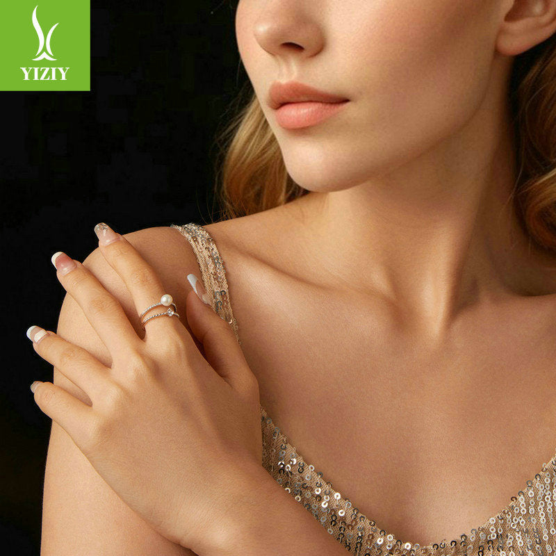 Yinziyun original natural freshwater pearl moissanite ring, light luxury and elegant temperament 925 pure silver double-layer ring