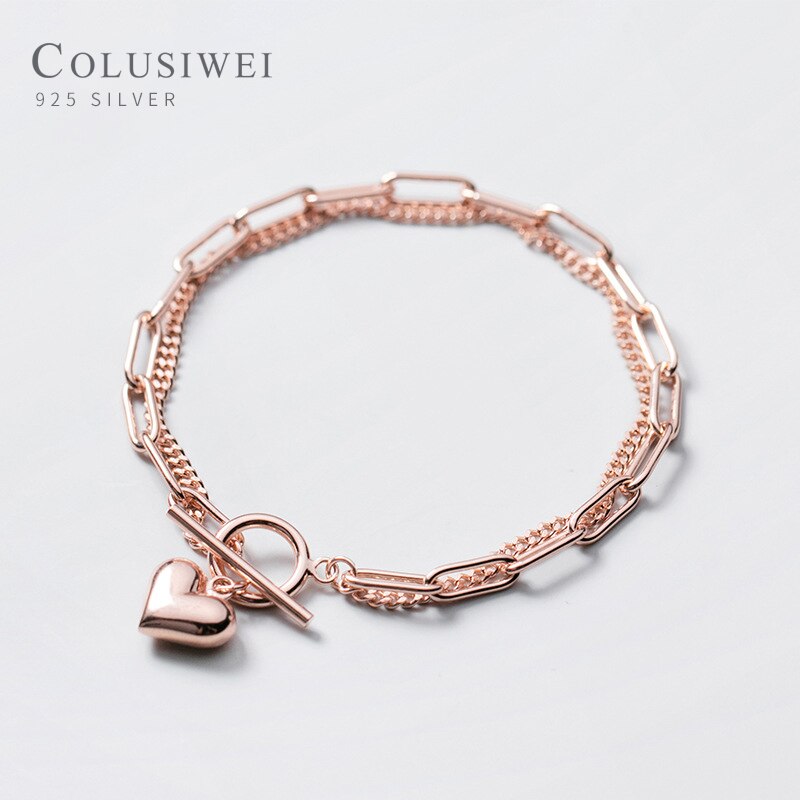 Colusiwei Hight Quality 925 Sterling Silver Romantic Hearts Double Layer Chain Geometric Bracelet Bangle for Women Fine Jewelry