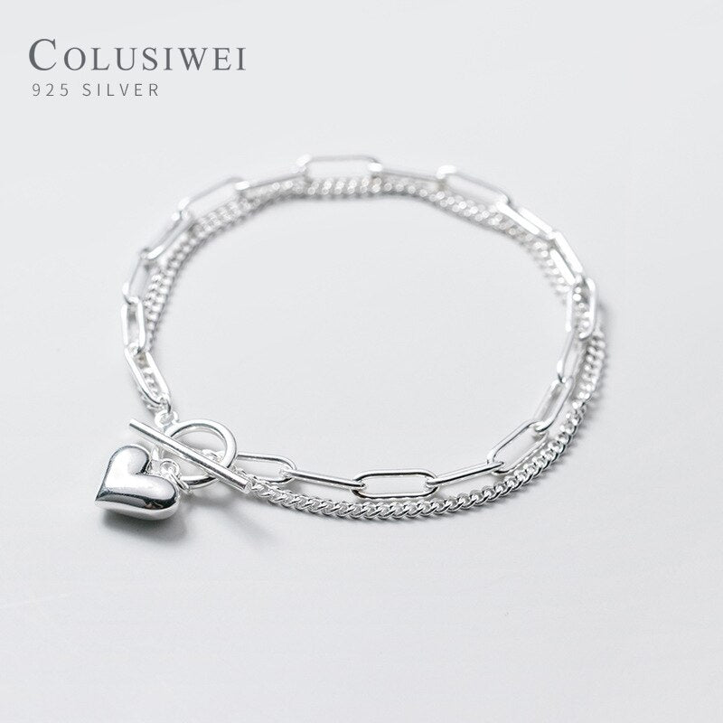 Colusiwei Hight Quality 925 Sterling Silver Romantic Hearts Double Layer Chain Geometric Bracelet Bangle for Women Fine Jewelry