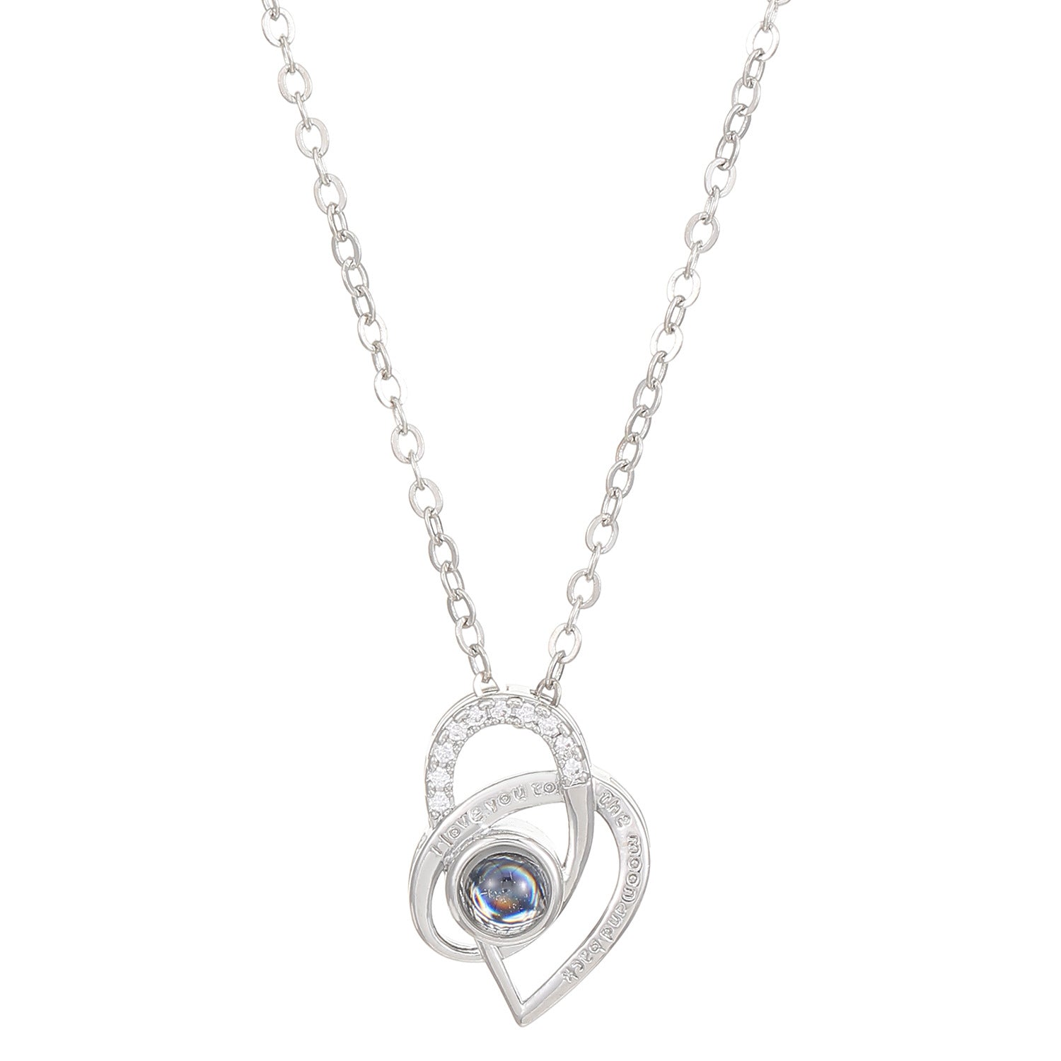 Diamond studded heart-shaped projection necklace in 100 languages. I love you, heart-shaped pendant, couple necklace