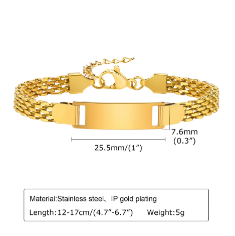 Stainless Steel Titanium Snake Chain Women's Bent Plate Bracelet, Children's Engravable DIY Bracelet with Custom Notes 01-24
