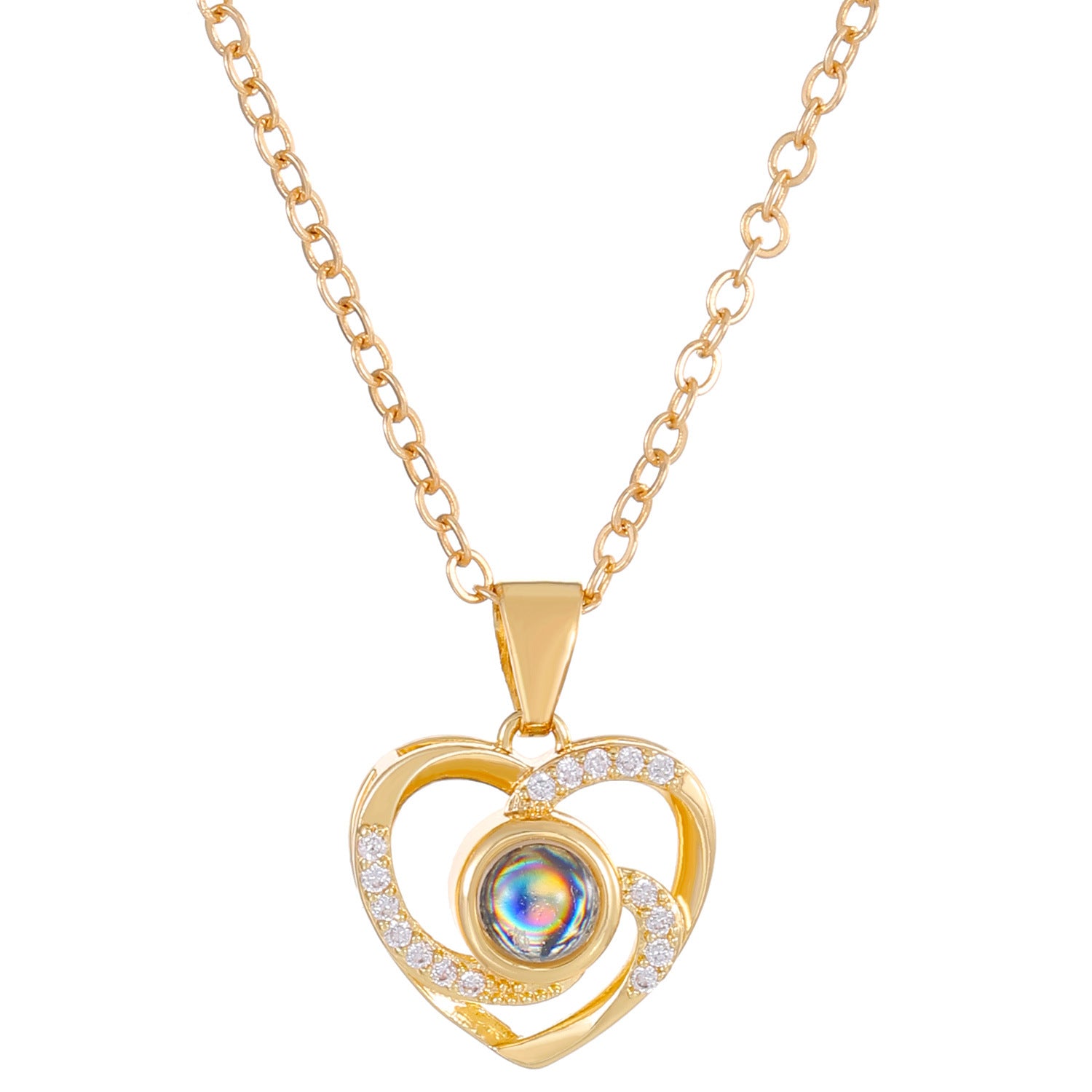 Diamond studded heart-shaped projection necklace in 100 languages. I love you, heart-shaped pendant, couple necklace