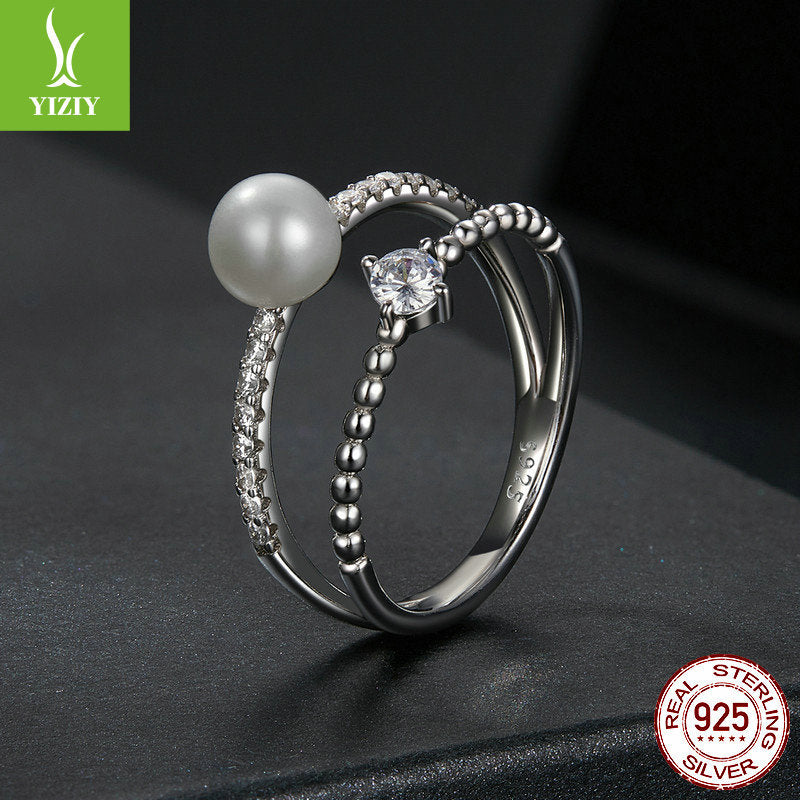 Yinziyun original natural freshwater pearl moissanite ring, light luxury and elegant temperament 925 pure silver double-layer ring