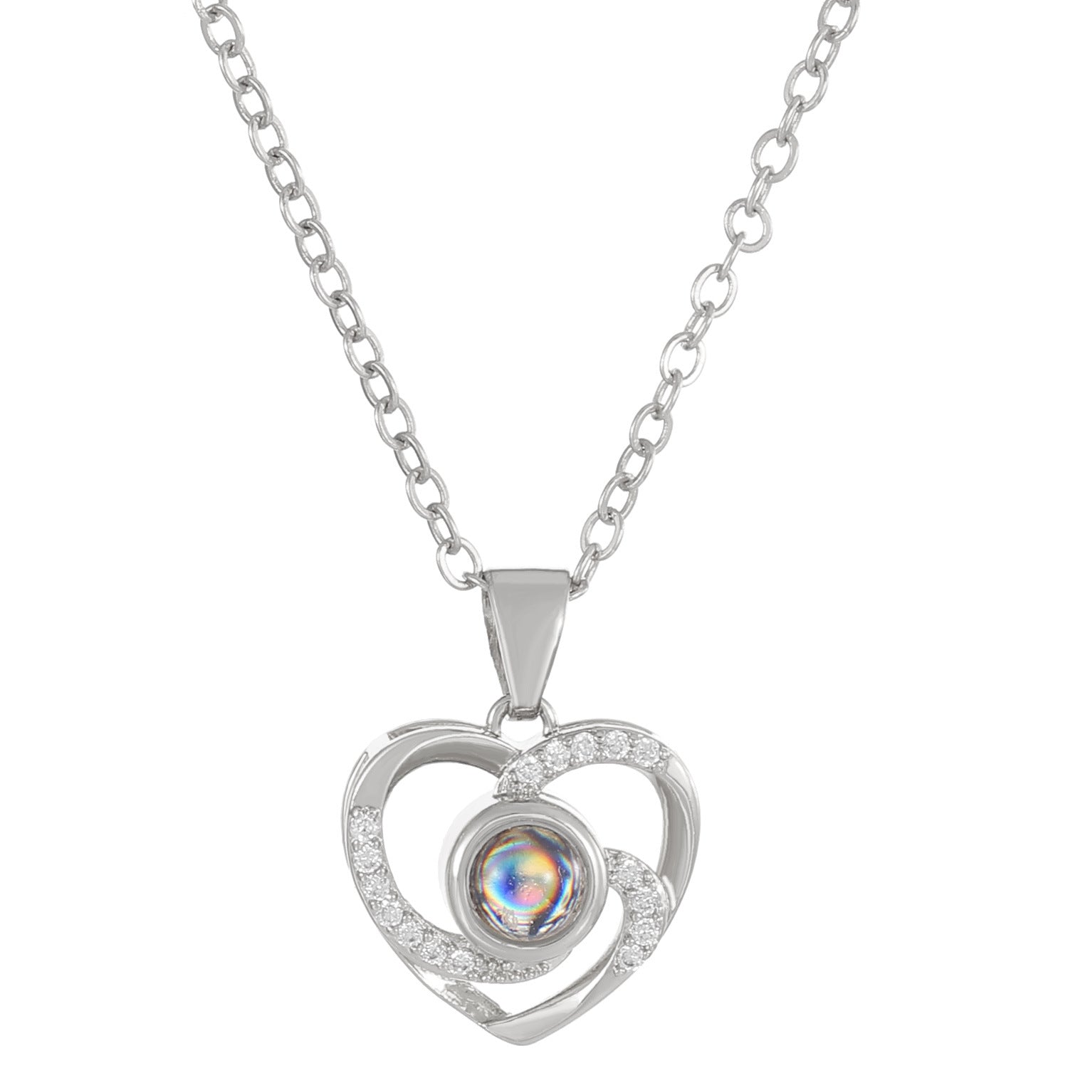 Diamond studded heart-shaped projection necklace in 100 languages. I love you, heart-shaped pendant, couple necklace