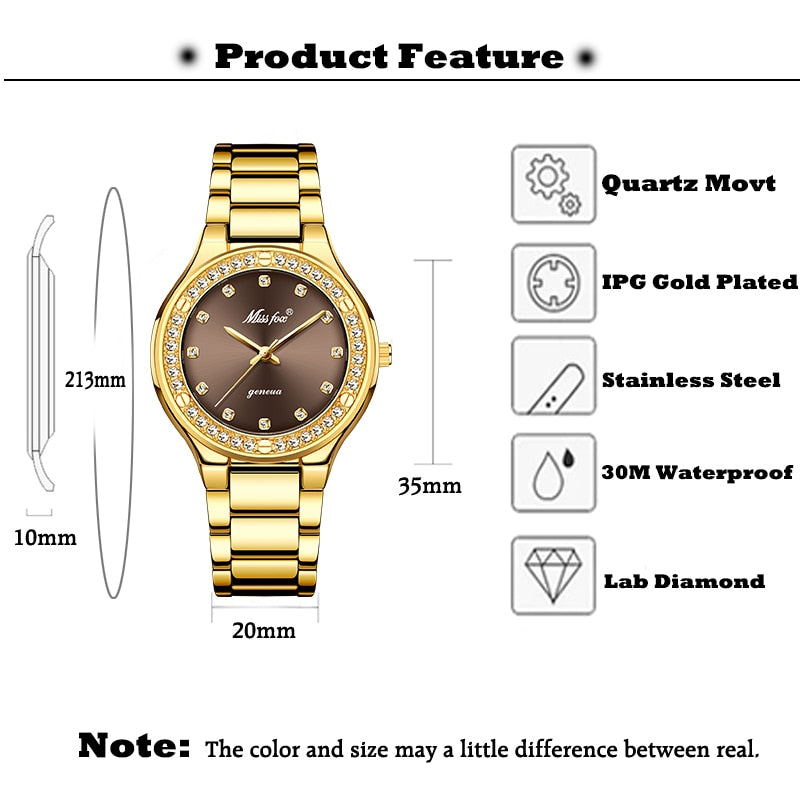 MISSFOX 2742 Elegant Woman Watch Luxury Brand Female Wristwatch Japan Movt 30M Waterproof Gold Expensive Analog Geneva Quartz Watch