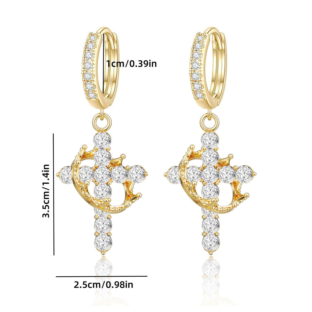 Rotating Crown Cross Earrings Set with Zircon