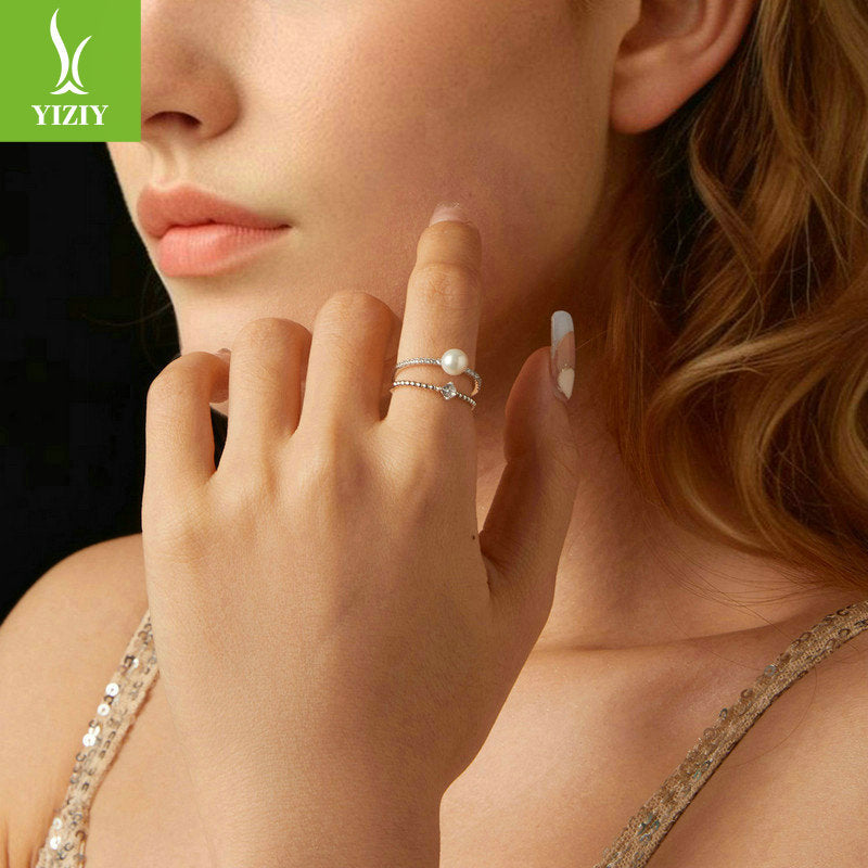 Yinziyun original natural freshwater pearl moissanite ring, light luxury and elegant temperament 925 pure silver double-layer ring