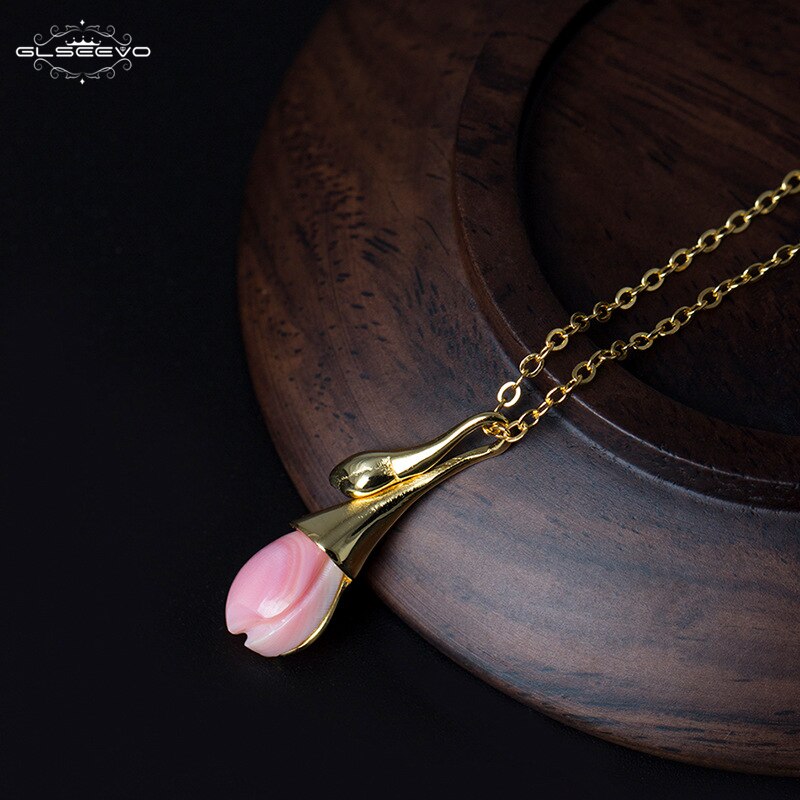 GLSEEVO Pink Magnolia Flower Queen Shellfish Necklaces & Pendants For Women 925 Sterling Silver Chain Necklace Collares GN0021