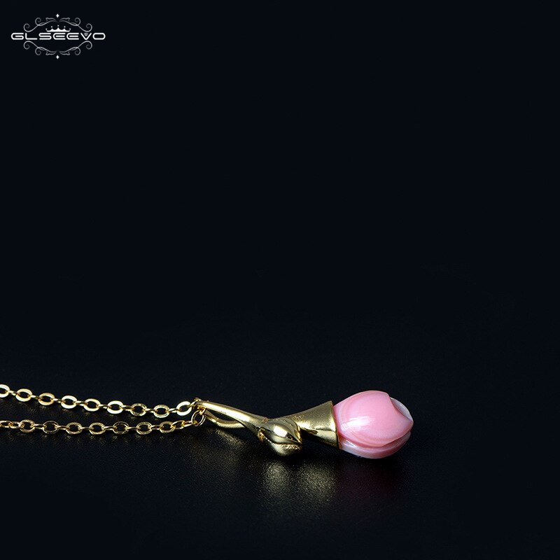 GLSEEVO Pink Magnolia Flower Queen Shellfish Necklaces & Pendants For Women 925 Sterling Silver Chain Necklace Collares GN0021